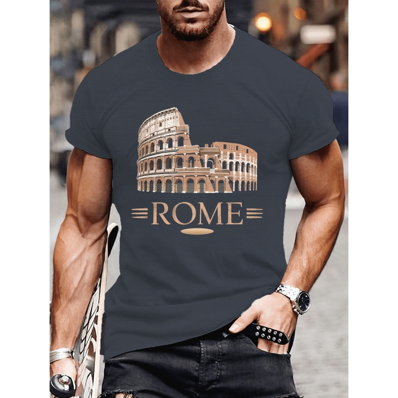 

Colosseum In Rome Pattern Print Crew Neck Short Sleeve T-shirt For Men, Casual Summer T-shirt For Daily Wear And Vacation Resorts