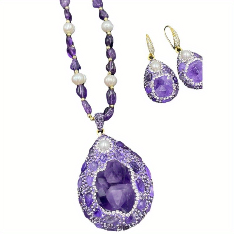 elegant french   amethyst and pearl jewelry set with   accents   necklace earrings and ring versatile   gift for celebrations details 5