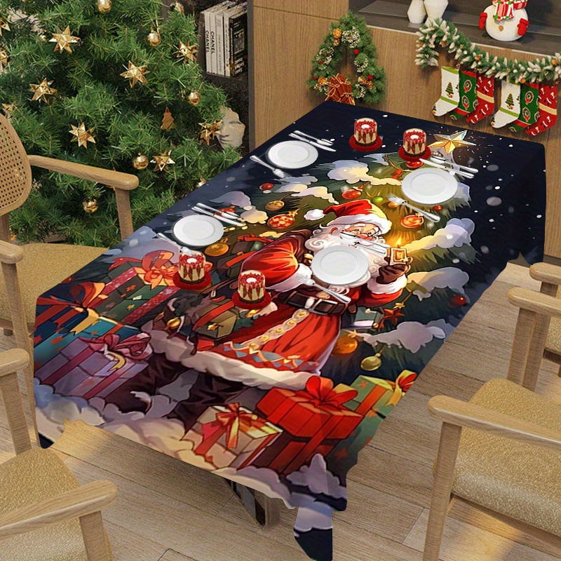 

Santa Claus Christmas Tablecloth - Machine Made Woven Polyester, Waterproof Oil-proof, Square Holiday Table Top Decoration With Colorful Printed Design For Home Kitchen Living Room, 1pc