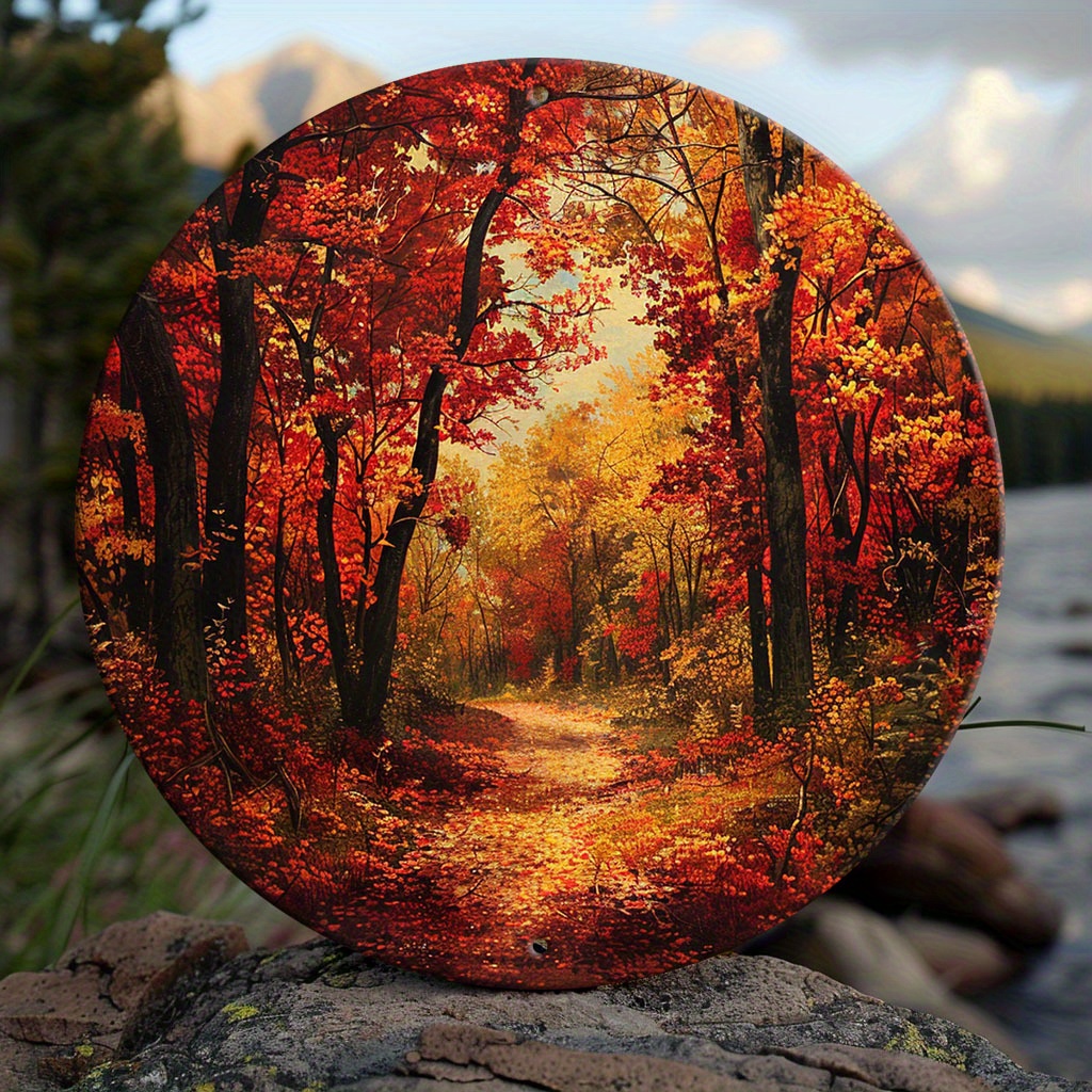 

1pc Autumn Forest Scene Round Aluminum Wall Art - Weatherproof Outdoor/indoor Decorative Hanging Picture For Classroom, Bedroom, Living Room