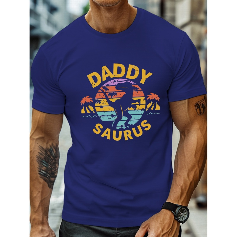 

Daddy Letters And Dinosaur Silhouette Pattern Print Men's T-shirt, Summer Short Sleeve Casual Top, Comfy Versatile Crew Neck Clothing For Outdoor Fitness & Daily Wear