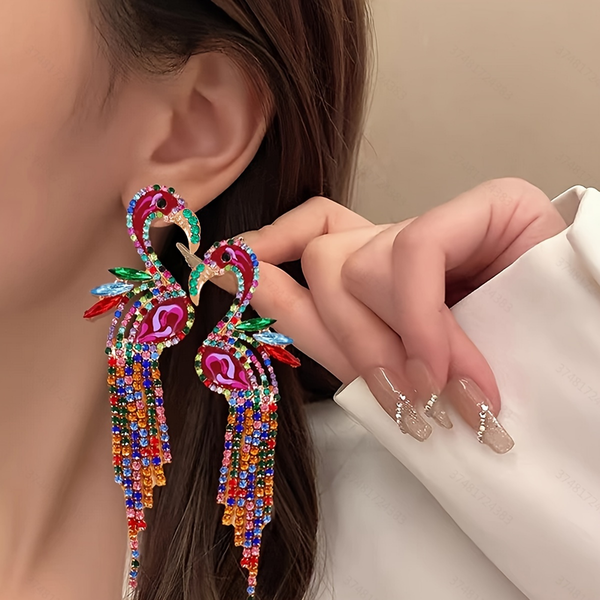 

Colorful Rhinestone Flamingo Drop Earrings, Long Tassel Dangle Earrings, Cute And Blingbling Style, Statement Fashion Jewelry For Women