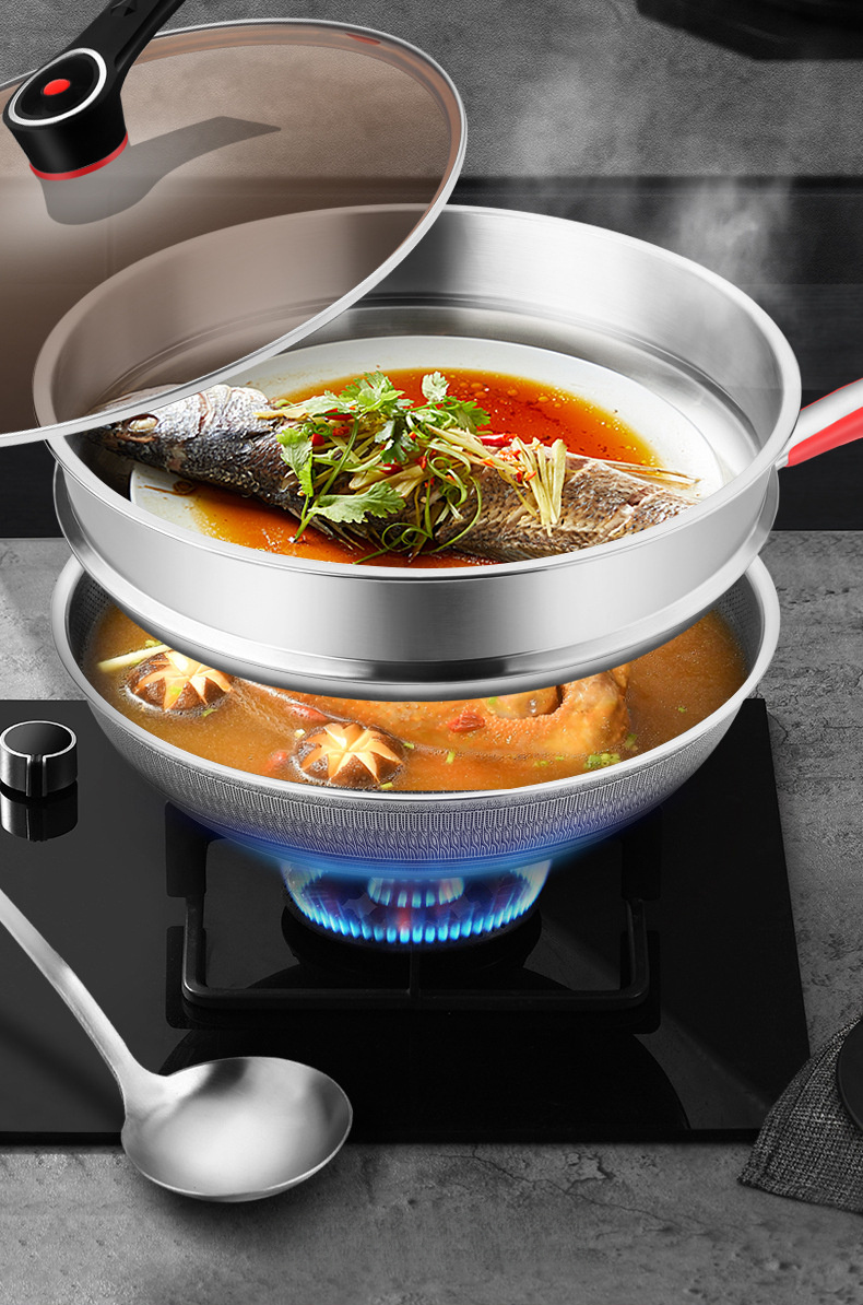 stainless steel chefs pan with honeycomb non stick coating and glass lid induction gas compatible 34cm dual sided flat bottom wok details 12