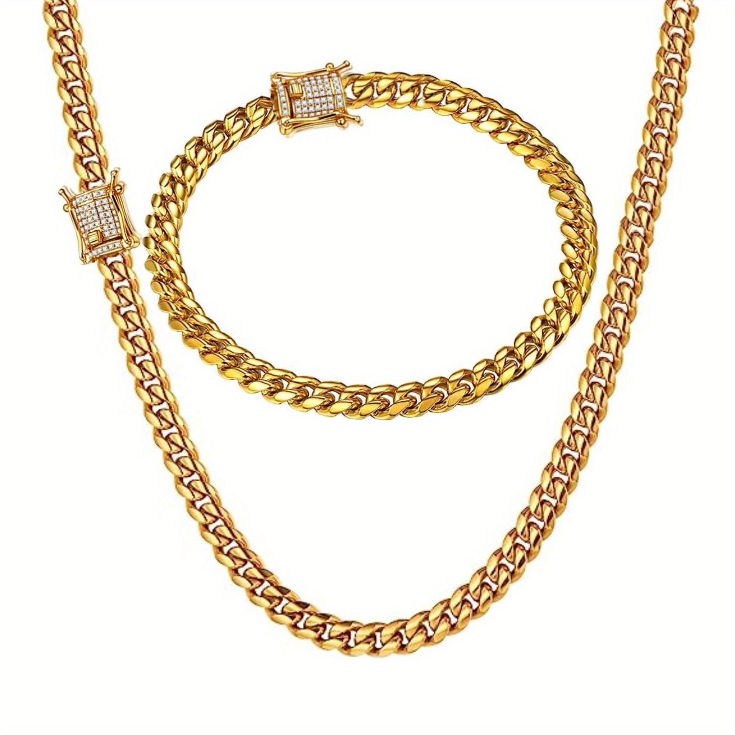 

1pc Glitz & Glam Miami Cuban Link Chain Set - Durable 18k Gold Plated Stainless Steel 6mm Bracelet & Necklace