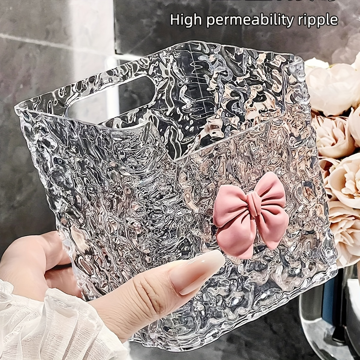 

1pc Clear Plastic Ripple Design Bathroom Storage Box With Pink Bow - Wall-mounted Organizer For Towels, Toiletries, And Facial Tissues - No Electricity Needed Bathroom Accessory