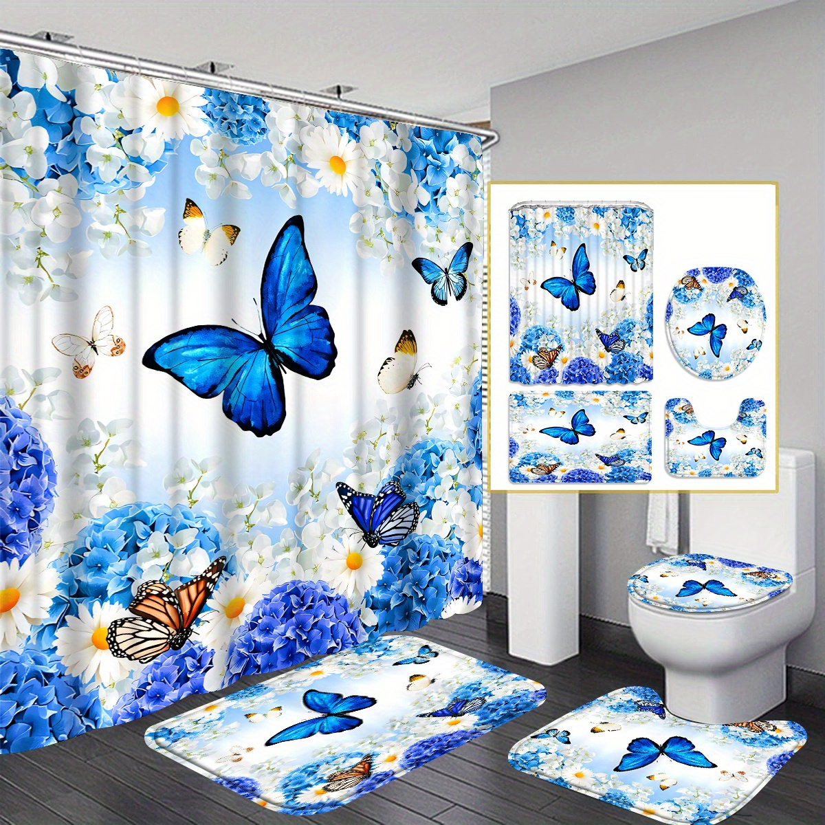 

4pcs Blue Butterflies And Flowers Shower Curtain Gift Modern Home Bathroom Decoration Curtain And Toilet Floor Mat 3-piece Set With 12 Shower Curtain Hooks