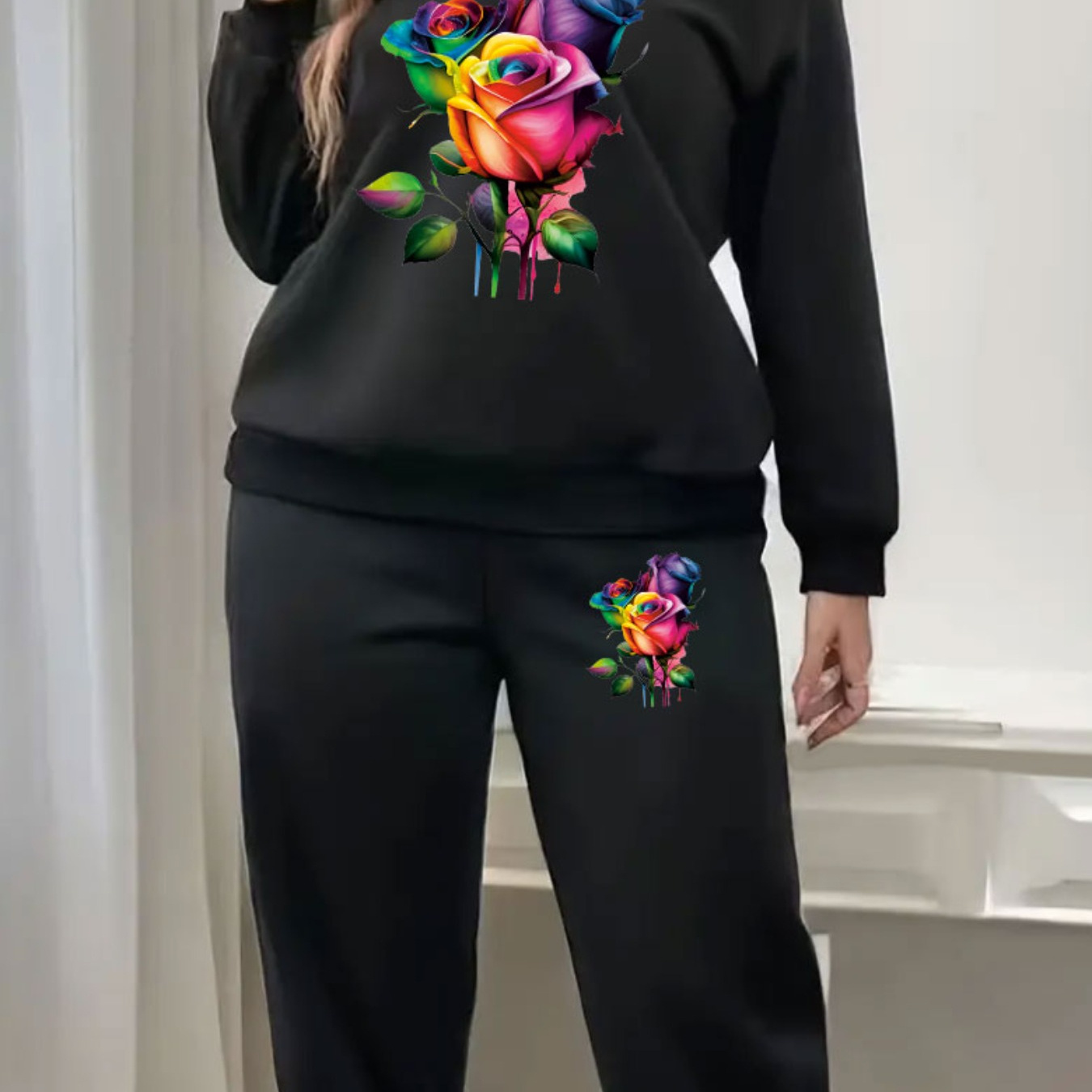 

Plus Size Floral Print Two-piece Set, Long Sleeve Crew Neck Sweatshirt & Pants Outfits, Women's Plus Size clothing