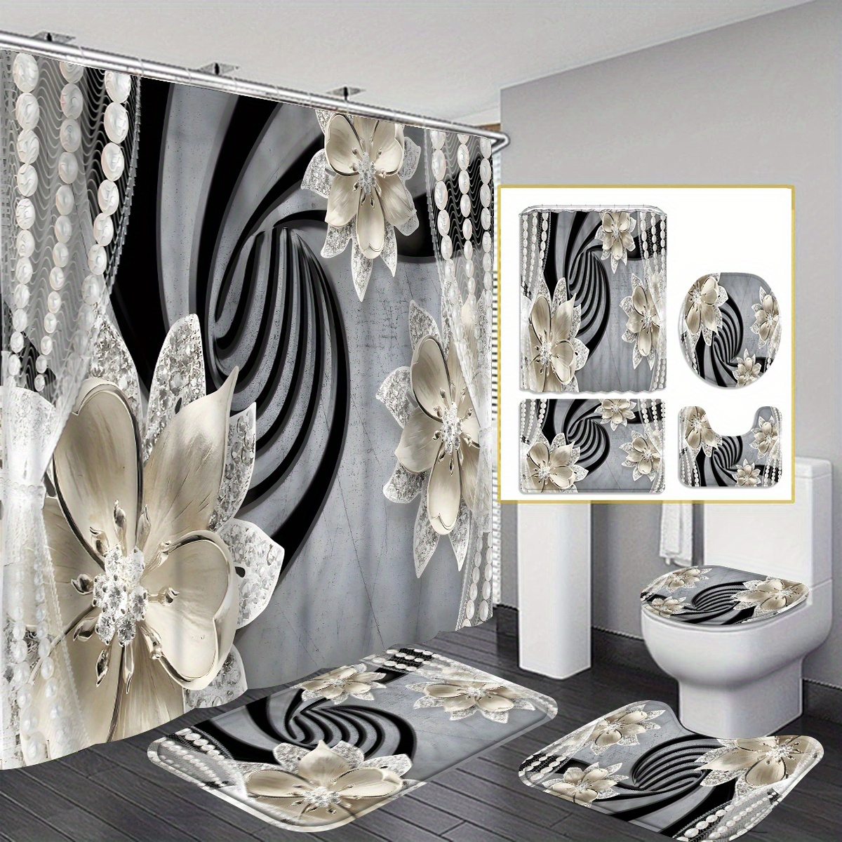 

4pcs Diamond Flowers Shower Curtain Gift Bathroom Decoration Curtain And Toilet Floor Mat 3-piece Set With 12 Shower Curtain Hooks