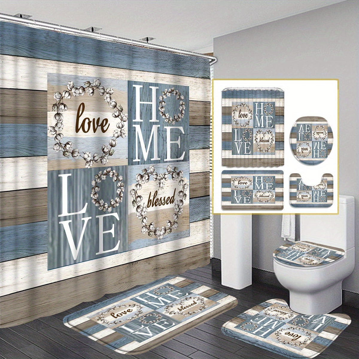 

4pcs Wood Shower Curtain Bathroom Decoration Curtain And Mat 3- Set 12 Shower Curtain