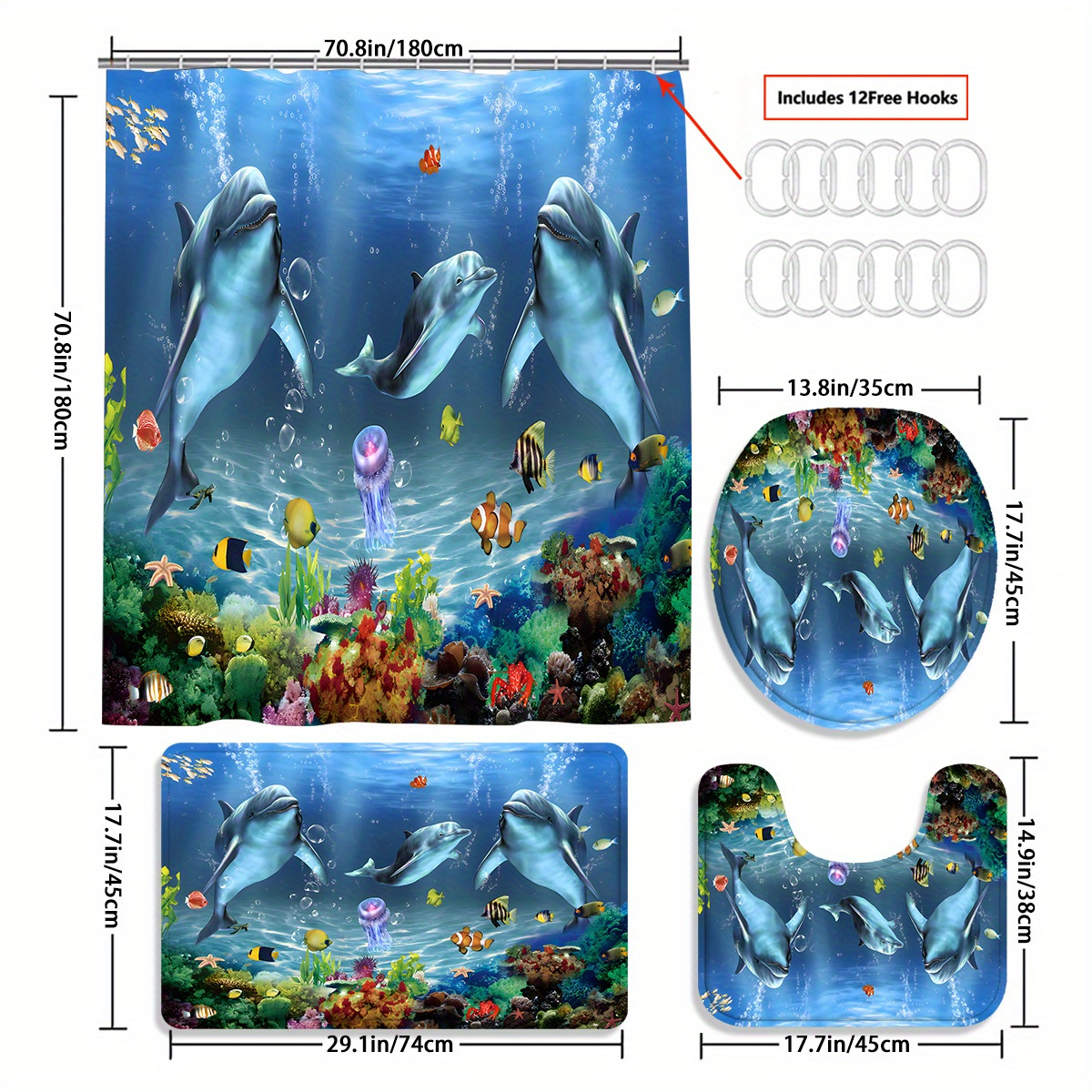 TEMU 4pcs Of And Fish Shower Curtain Gift Bathroom Decoration Curtain And Toilet Floor Mat 3-piece Set With 12 Shower Curtain Hooks