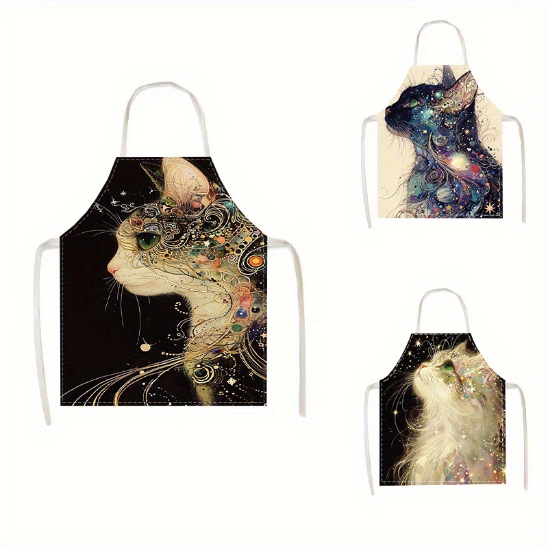 

1pc Cat Design Linen Apron - Waterproof & Oil-resistant, Cooking & Baking, Kitchen Wear