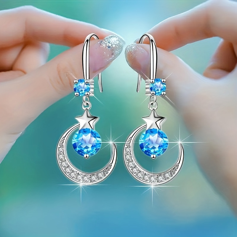 

1pair Dazzling Crescent Moon And Star Earrings With Round-cut Cubic Zirconia Pendants - Elegant Hook Style Romantic Gift