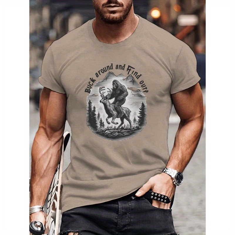 

Sasquatch And Deer Pattern Print Men's Crew Neck Short Sleeve T-shirt, Summer Comfy Versatile Top For Outdoor Fitness & Daily Commute