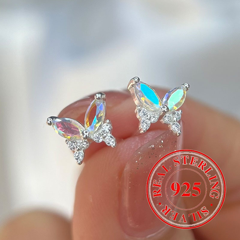 

925 Sterling Silver Hypoallergenic Colored Zirconia Butterfly Stud Earrings For Women (jewelry 0.9g 0.032oz)