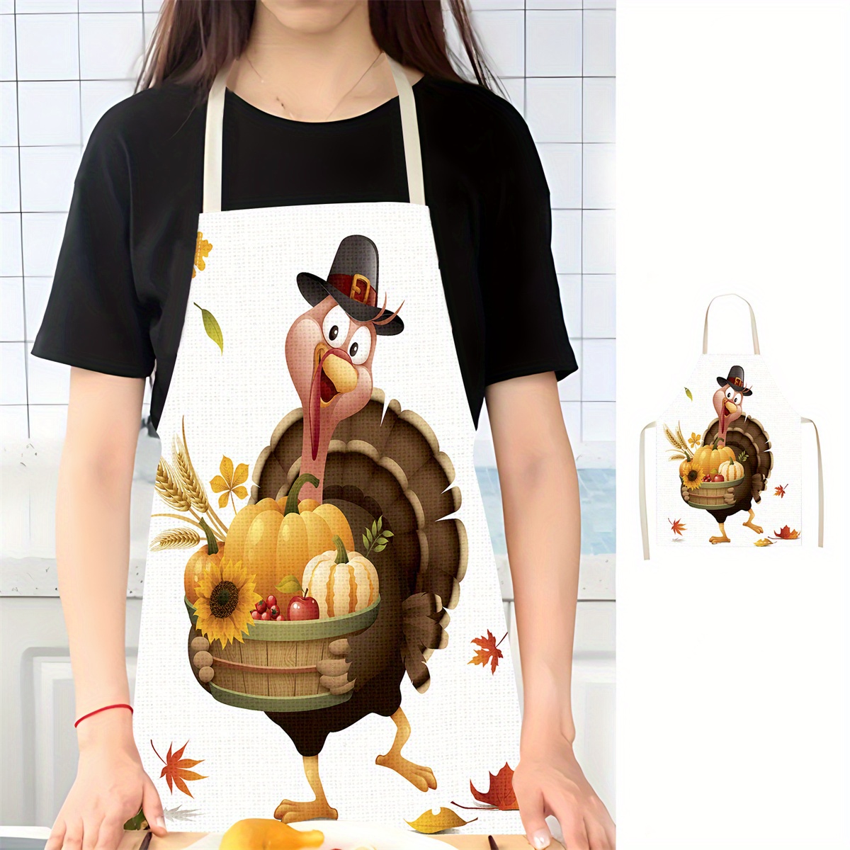 

Thanksgiving Turkey And Autumn Harvest Polyester Chef Apron - 1pc Kitchen Apron With Adjustable Neck Strap, Sleeveless, Stain Resistant, Woven Linen Look, For Cooking And Baking