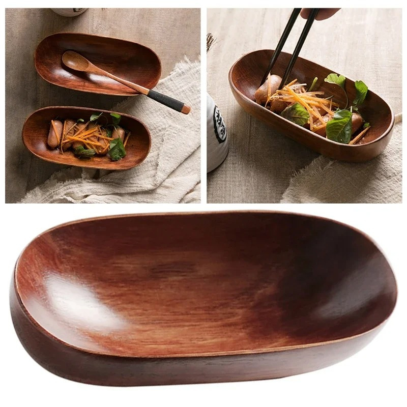 

1pc Wooden Oval Solid Pan Plate Fruit Dishes Saucer Tea Tray Dessert Dinner Serving Tableware For Hotels