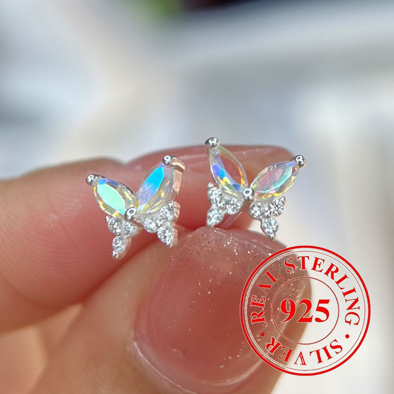 

925 Sterling Silver Hypoallergenic Colored Zirconia Butterfly Stud Earrings For Women (jewelry 0.9g 0.032oz)