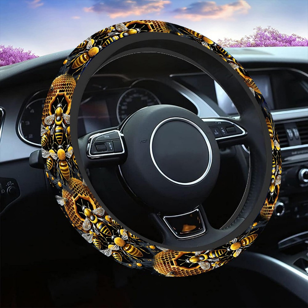 TEMU 1pc Honeybee Print Steering Wheel Covers Anti Slip Car Accessories Steering Wheel Protector 15 Inch For Cars Suv Vehicle Truck