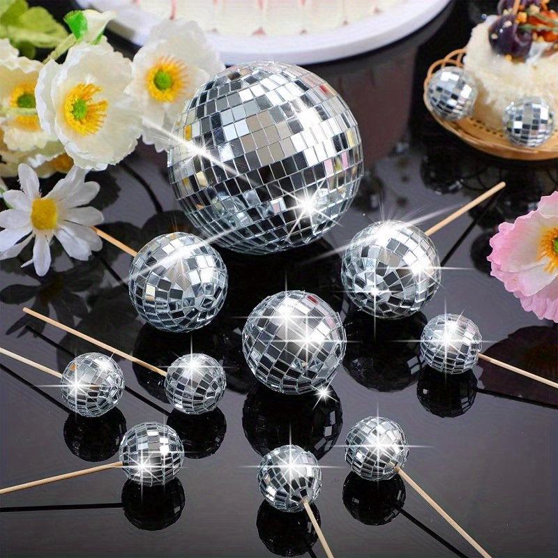 

10pcs Sparkling Silvery Disco Ball Cake Toppers With Wooden Sticks - 1970s Themed Parties, Anniversaries, Weddings & Birthdays | Easy & Reusable