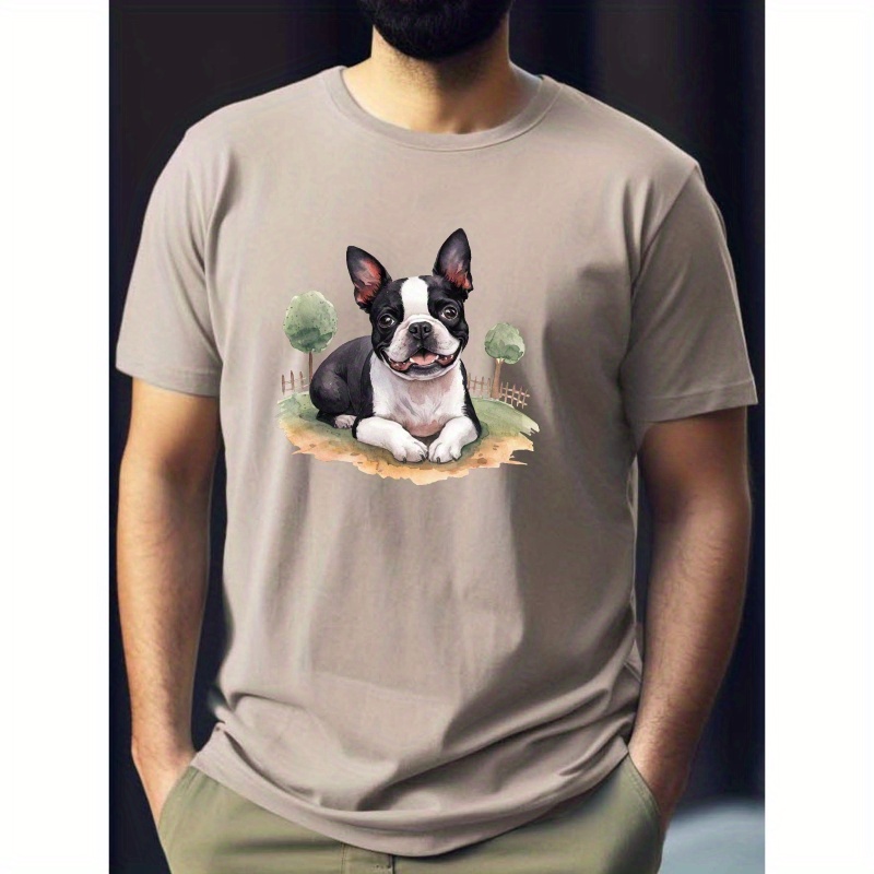 

Lovely Boston Terrier Pattern Print Men's Crew Neck Short Sleeve T-shirt, Summer Comfy Versatile Clothing For Outdoor Fitness & Daily Commute