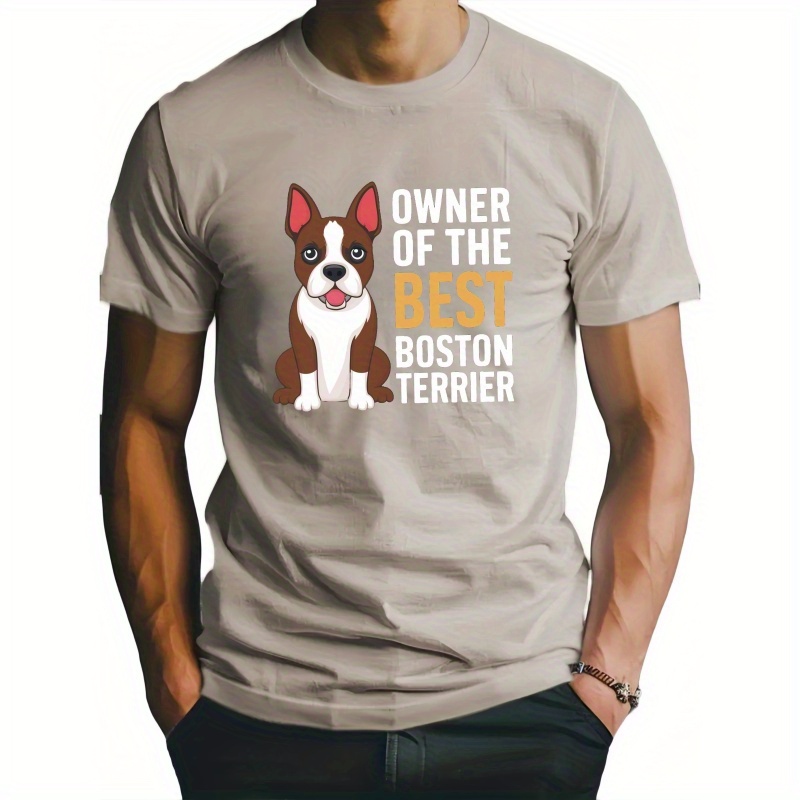 

Owner Of The Best Boston Terrier Letters Print Men's Crew Neck Short Sleeve T-shirt, Summer Comfy Versatile Top For Outdoor Fitness & Daily Commute