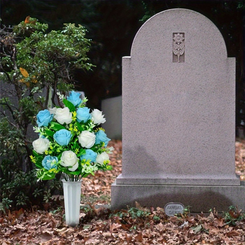 4 Mazzi Di Fiori Finti Per Cimitero - Rose Artificiali In Seta E Plastica, Arancioni, Altezza 30 Cm, Per Tomba E Decorazione Commemorativa - 2