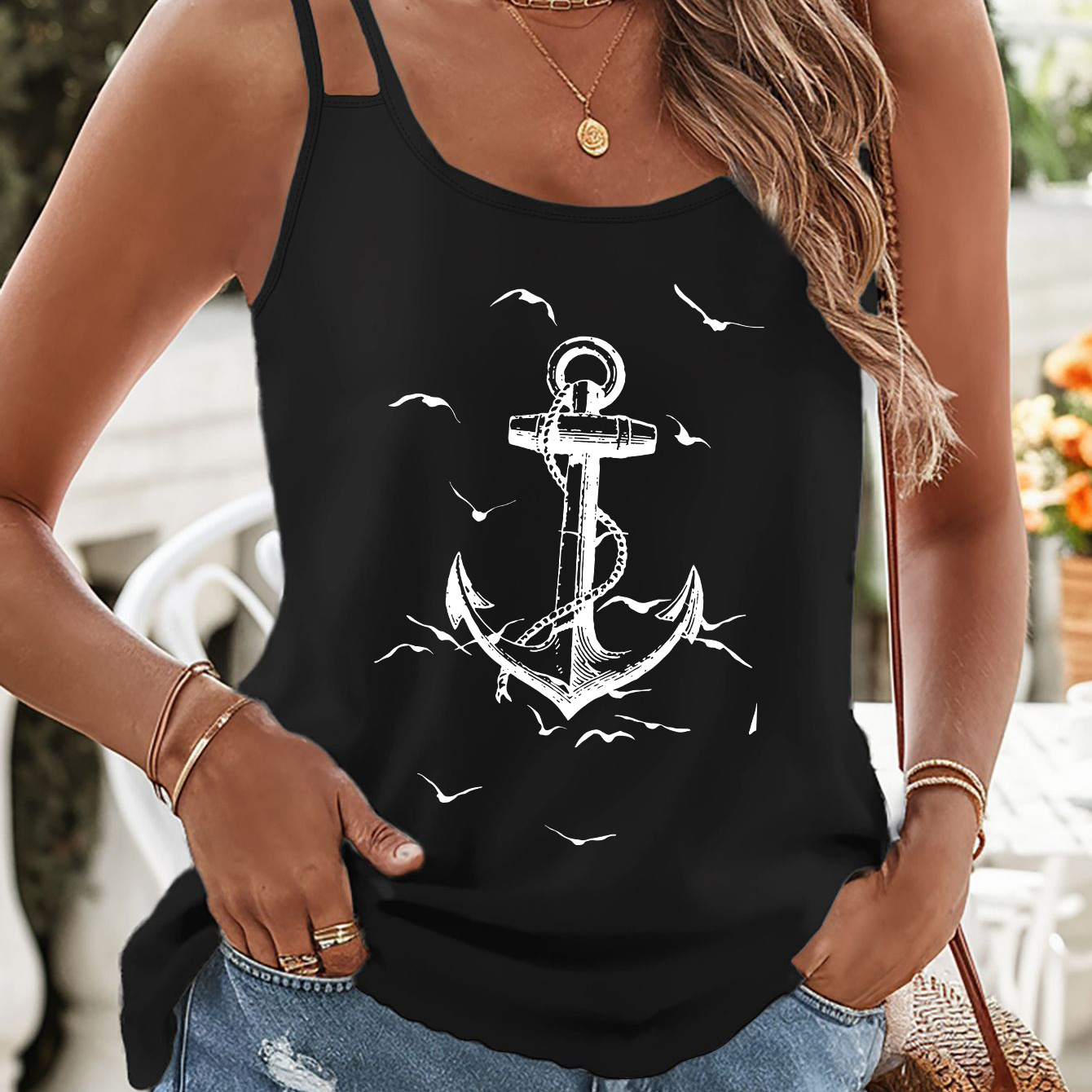 

Ship's Anchor Print Double Straps Top, Casual Sleeveless Cami Top For Summer, Women's Clothing
