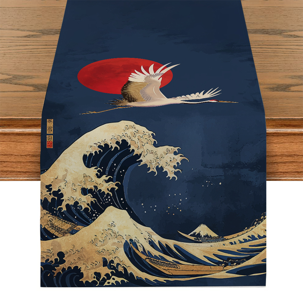 

Japanese Crane And Design Table Runner - Woven Polyester Rectangular Table Decor, 1pc, Kitchen Dining Party Decoration, Home Room Decor Table Flag For Restaurant And Celebration