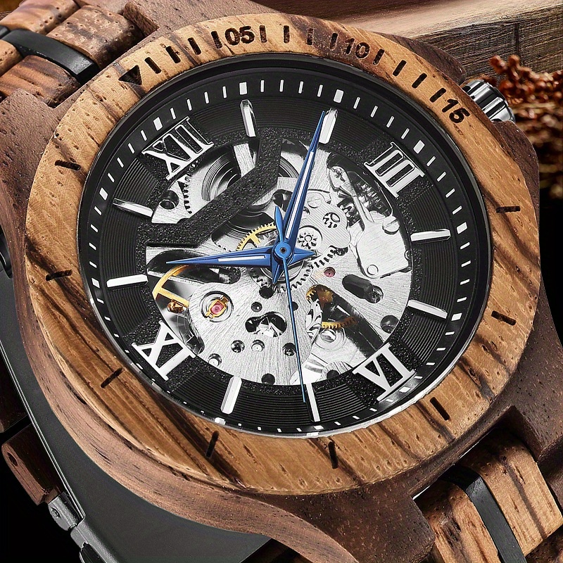 mens wooden watch skeleton automatic movement wood watch Temu