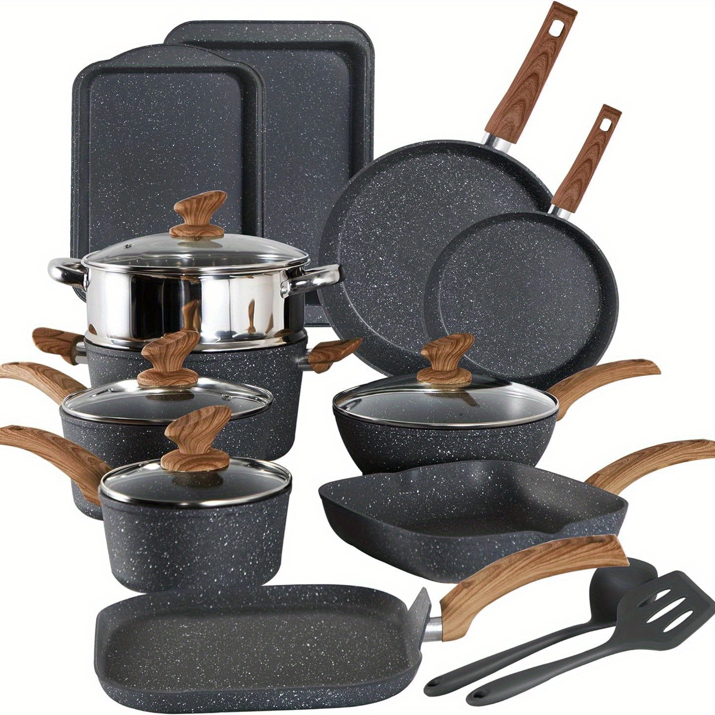 

17 Pieces Induction Cookware Set, Green Granite Pots And Pans Set, Nonstick Cooking Pans Set