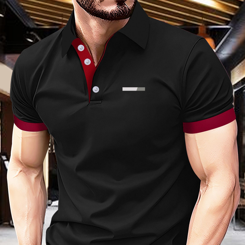 

Creative And Simple Color Block Logo Print Men's Short Sleeve Turndown Collar Golf Shirt, Business Casual Comfy Top For Daily