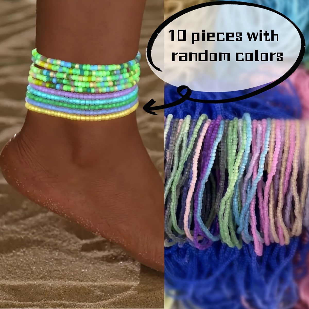 

10-piece Glow-in-the-dark Beaded Anklet Set For Women - Versatile Beach & Everyday Wear, Assorted Colors