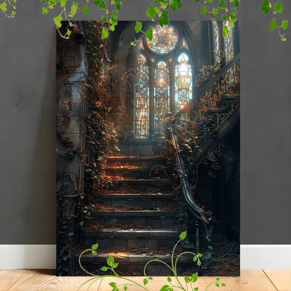 

1pc Wooden Framed Canvas Painting Grand Staircase Stained Glass Window Overgrown Vines Gothic Architecture Dimly Lit Ethereal Ambiance Artwork Very Suitable For Office Corridor Home Living Room Decora