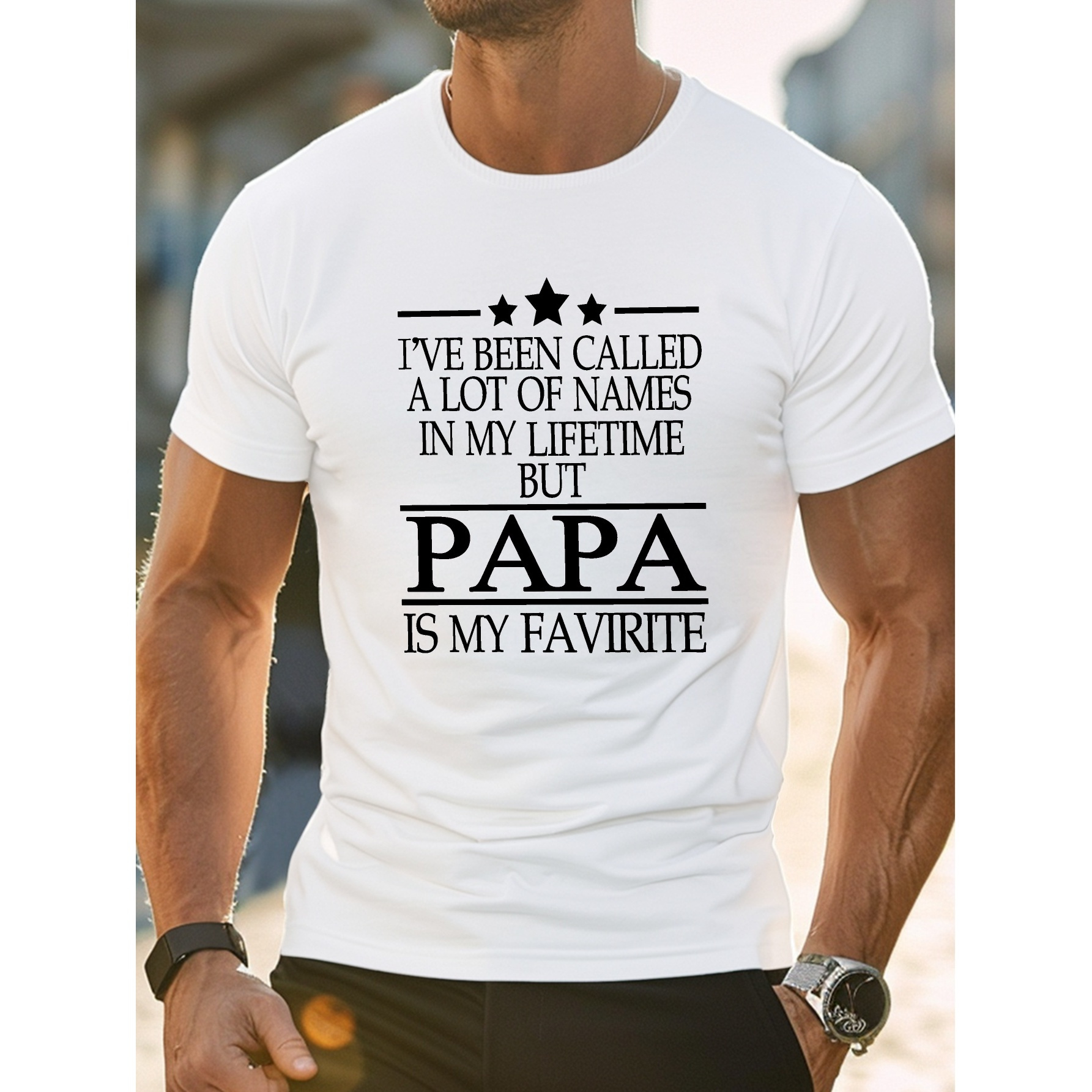

Papa Is My Favorite Print Men's Short Sleeve T-shirts, Comfy Casual Elastic Crew Neck Tops For Men's Outdoor Activities