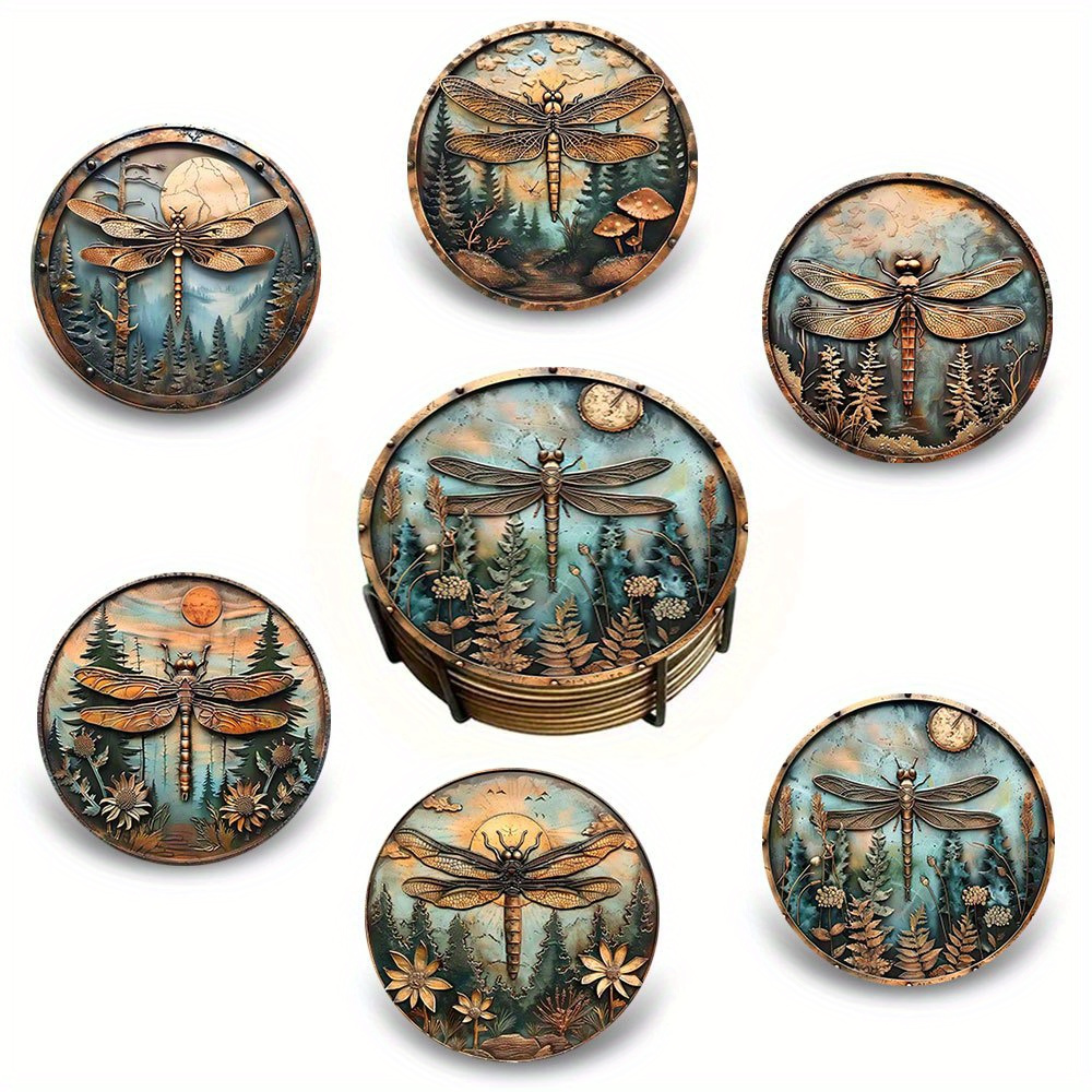 

Set Of 6 Steampunk Vintage Dragonfly Design Wooden Trivets - Synthesized Wood Drink Coasters For Table Protection, Rustic Cork-backed Cup Mats, 9.5cm Diameter