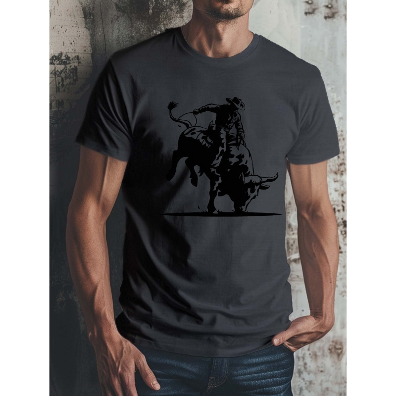 

Cowboy Rides On Print T-shirt For Men, Casual Short Sleeve T-shirt With Front Shoulder Fit For Summer