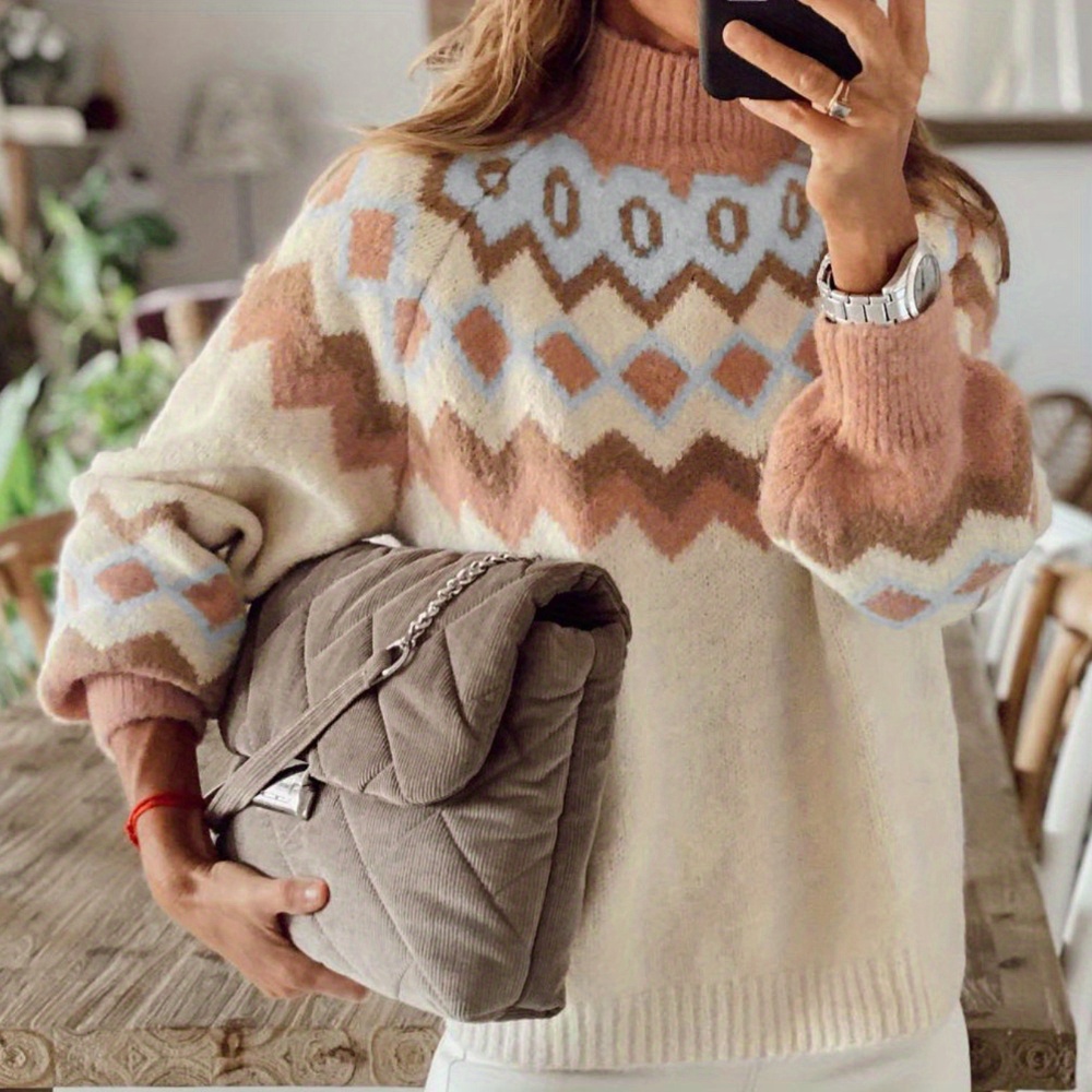 

Geo Pattern Sweater, Casual Long Sleeve Sweater For Fall & Winter, Women's Clothing