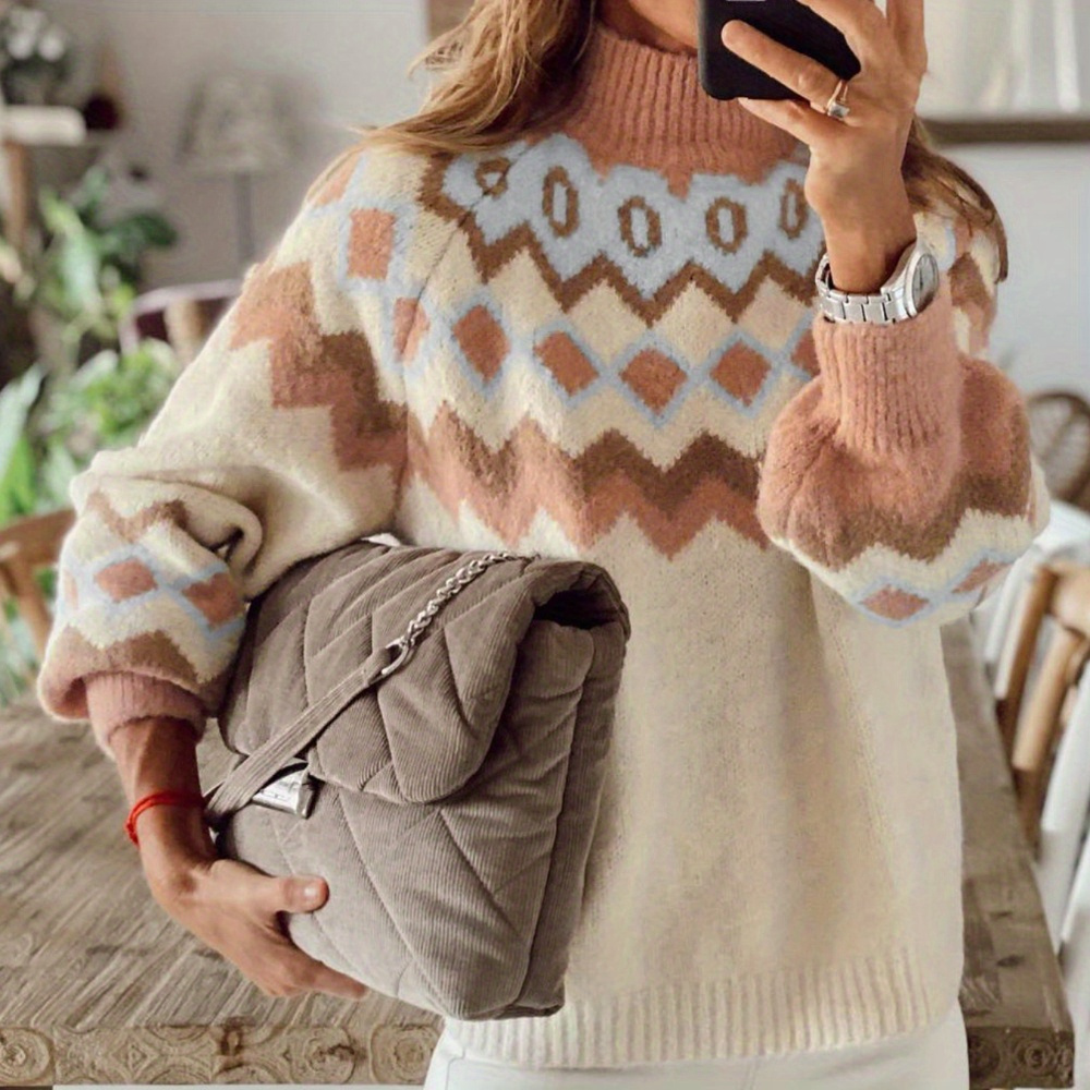 

Geo Pattern Mock Neck Sweater, Elegant Color Block Long Sleeve Sweater For Fall & Winter, Women's Clothing