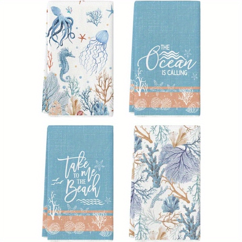 

4pcs, Marine & Coral Themed Dish Towels, Contemporary Polyester Blend, Jellyfish & Seahorse Summer Kitchen Towels, Seasonal Ocean Decor Hand Towels