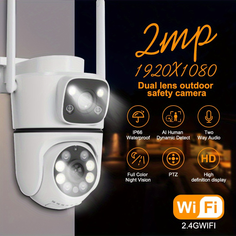 QKH 1080P Dual-Lens Security Camera with PTZ, Two-Way Audio, Smart Night Vision, Waterproof, TF/Cloud Storage, App Control - Outdoor Use (SD Card Not Included), 2MP, 2.4G Frequency, 360-degree Patrol details 1