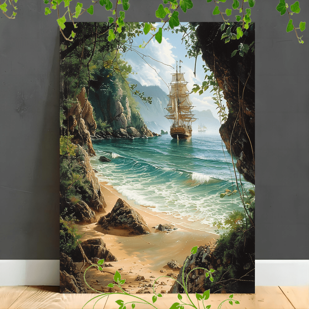 

1pc Wooden Framed Canvas Painting, Abandoned Ship Dense Foliage Golden Sand Calm Sea Artwork Very Suitable For Office Corridor Home Living Room Decoration Suspensibility