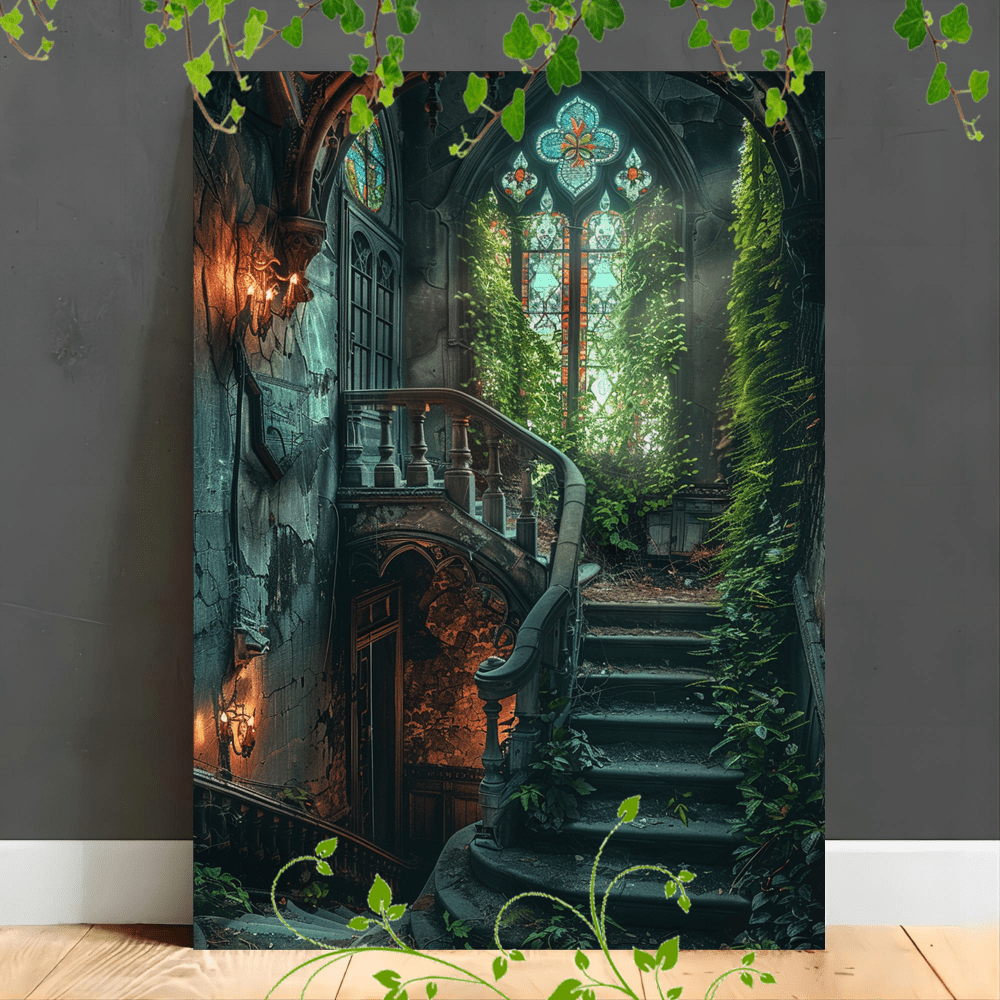 

1pc Wooden Framed Canvas Painting, Grand Staircase Stained Glass Window Overgrown Vines Gothic Architecture Dimly Lit Ethereal Ambiance Artwork Very Suitable For Office Corridor Home Living Room Decor