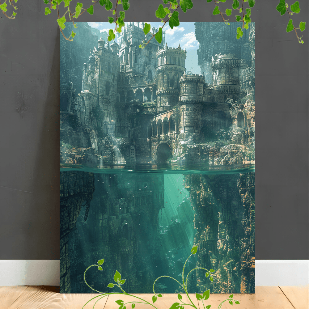 

1pc Wooden Framed Canvas Painting, Majestic Castle Cliffside Underwater Ruins Fantasy Architecture Sunlight Reflections Detailed Intricate Artwork Very Suitable For Office Corridor Home Living Room De