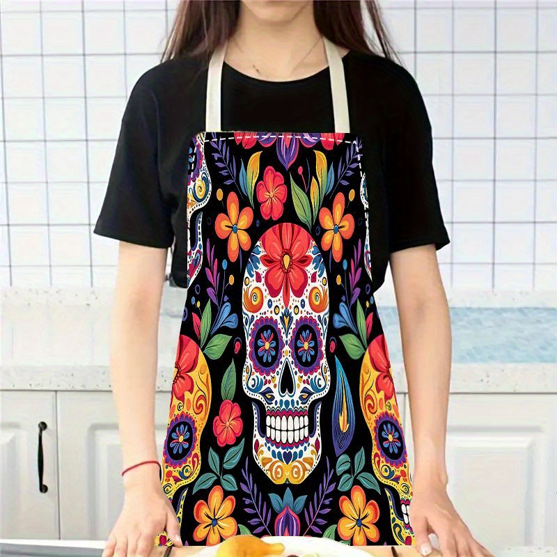 

1pc Day Of The Dead Sugar Apron - Woven Polyester Kitchen Apron With Oil-resistance For Cooking And Baking - Durable Steel And Polyester Construction With Vibrant Floral Design