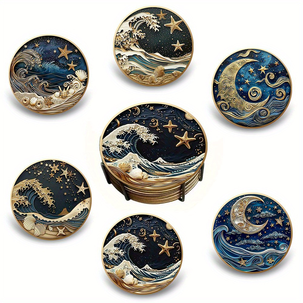 

【kaijit】a Set Of 6 Cork Coasters With A Retro Texture Of Waves And Wood, 9.5*9.5cm