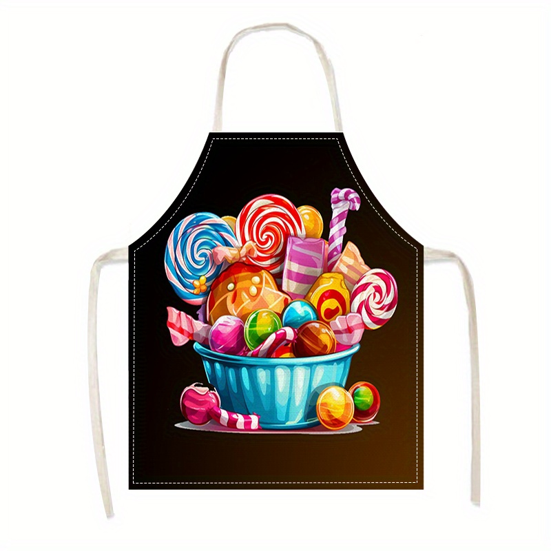 

1pc Candy Themed Linen Kitchen Apron - Unisex Design For Cooking, Baking, Bbq - Durable Woven Linen Material With Elements