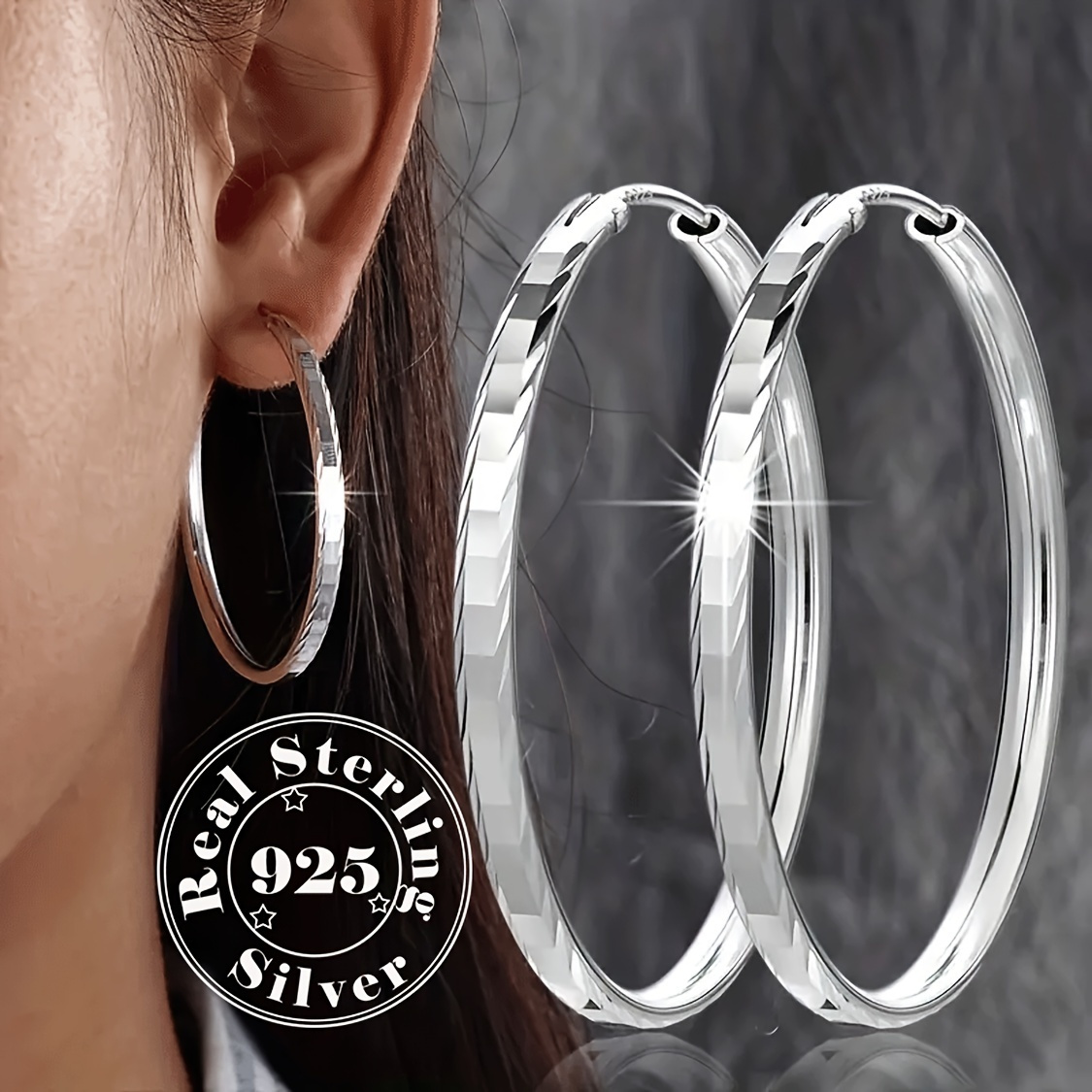 

1 Pair Of Elegant S925 Sterling Silvery Earrings Sterling Hoop Earrings - Prevent Allergy - Embossed Square Design - - Perfect Gift