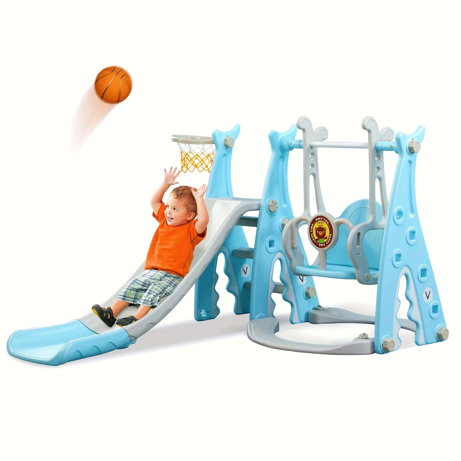 

Toddlers Slide And Swing Set 4 In 1 Kids Outdoor And Indoor Playhouse With Slide And Swing For Boys And Girls With Basketball Hoop, Extra Long Slide Easy Set Up Baby Playset