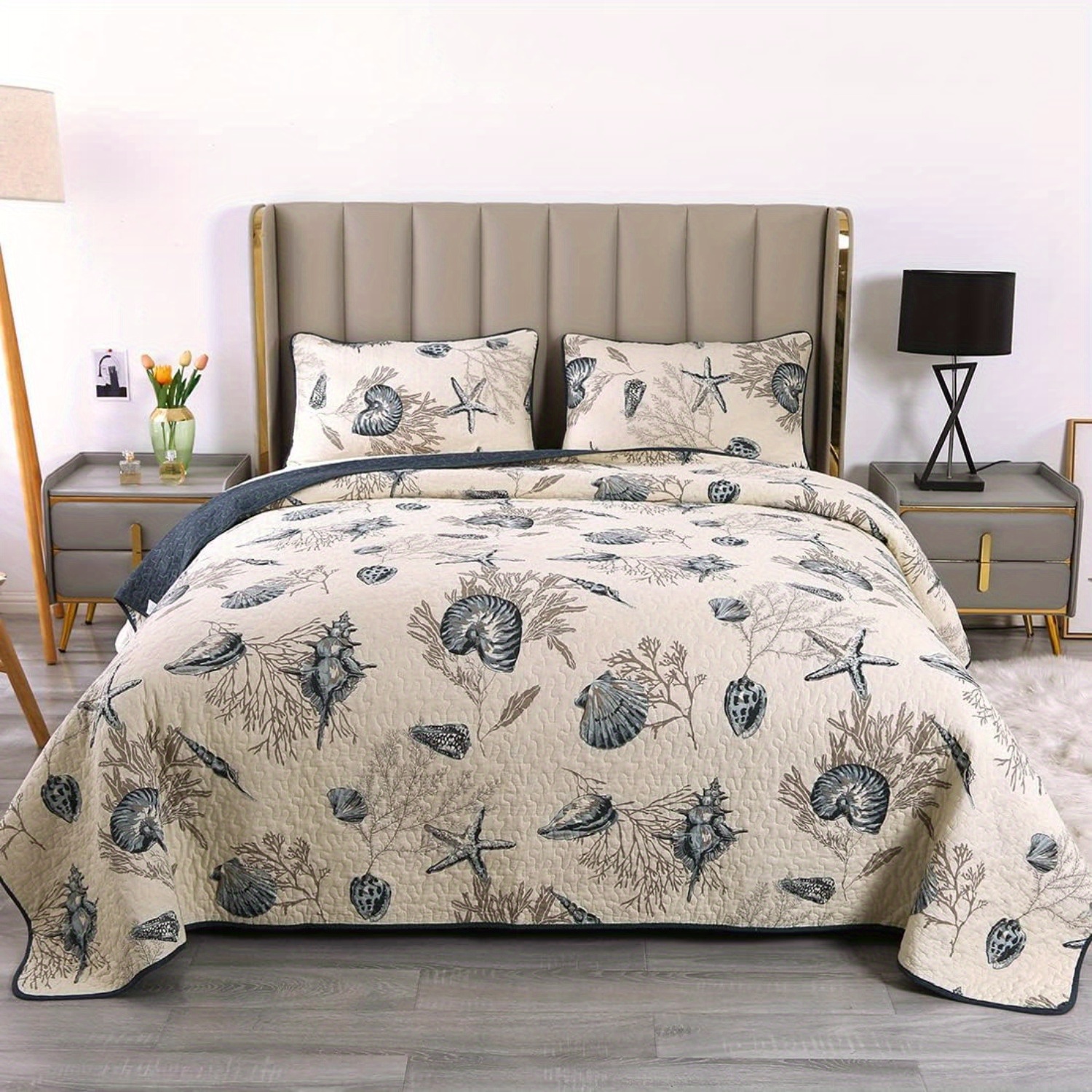 

Blue Shell Tread Design 3 Piece Comforter Quilt Bedspeads Sets Queen Cotton White&blue