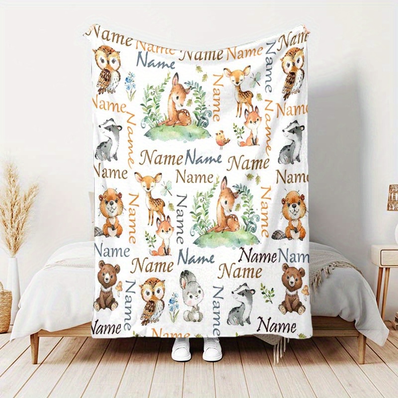 

Personalized Custom Name Blanket With Cute Animal Print - Soft, Skin-friendly Polyester For Room, Bedroom, Sofa Decor & Travel